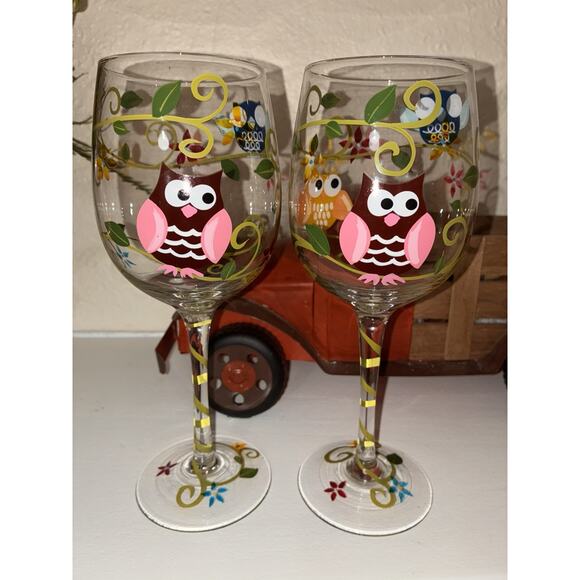 Wine Goblet Glasses Hand Painted Owls Set of 2 - Picture 1 of 9